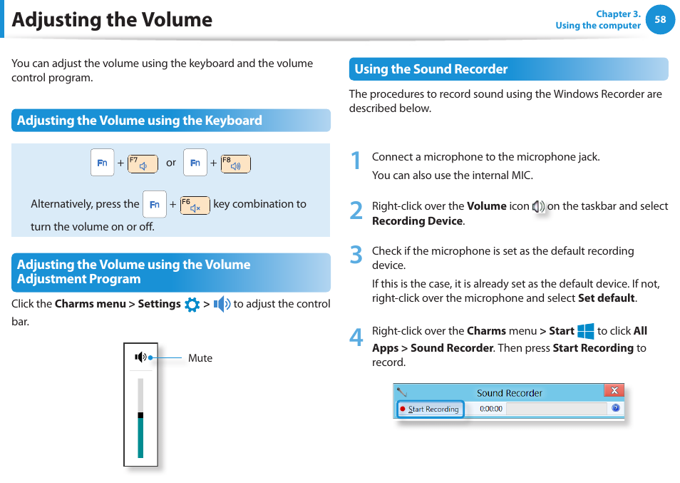 Adjusting the volume | Samsung NP300E4A-B01JM User Manual | Page 59 / 133