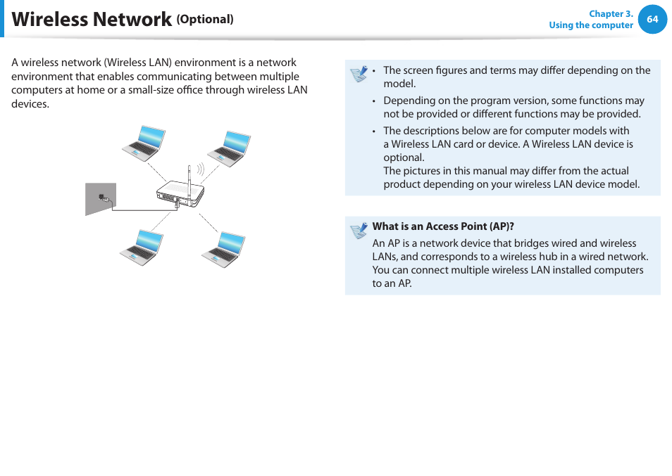 Wireless network (optional), Wireless network | Samsung NP300E4A-B01JM User Manual | Page 65 / 133