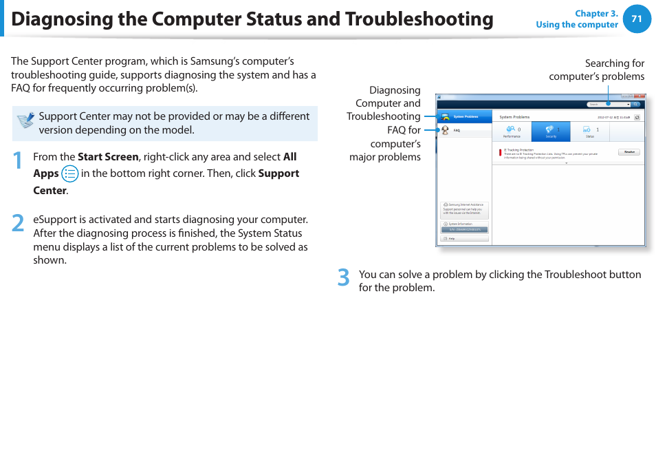 Diagnosing the computer status and troubleshooting, Diagnosing the computer status and, Troubleshooting | Samsung NP300E4A-B01JM User Manual | Page 72 / 133