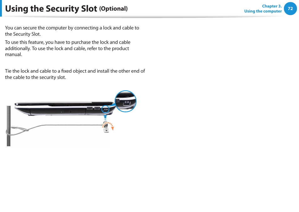 Using the security slot (optional), Using the security slot | Samsung NP300E4A-B01JM User Manual | Page 73 / 133