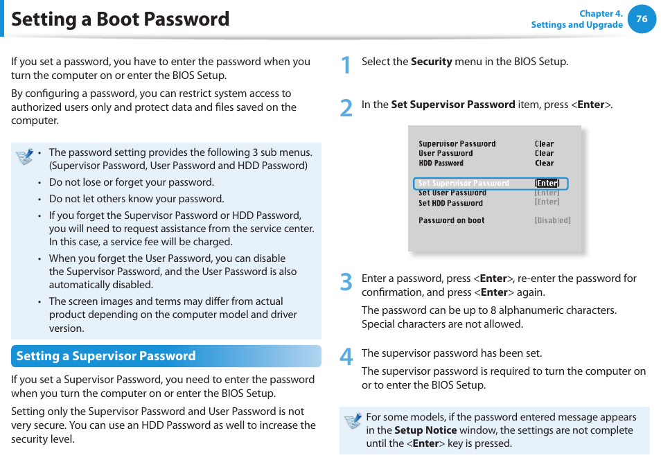 Setting a boot password | Samsung NP300E4A-B01JM User Manual | Page 77 / 133