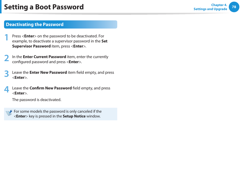 Setting a boot password | Samsung NP300E4A-B01JM User Manual | Page 79 / 133