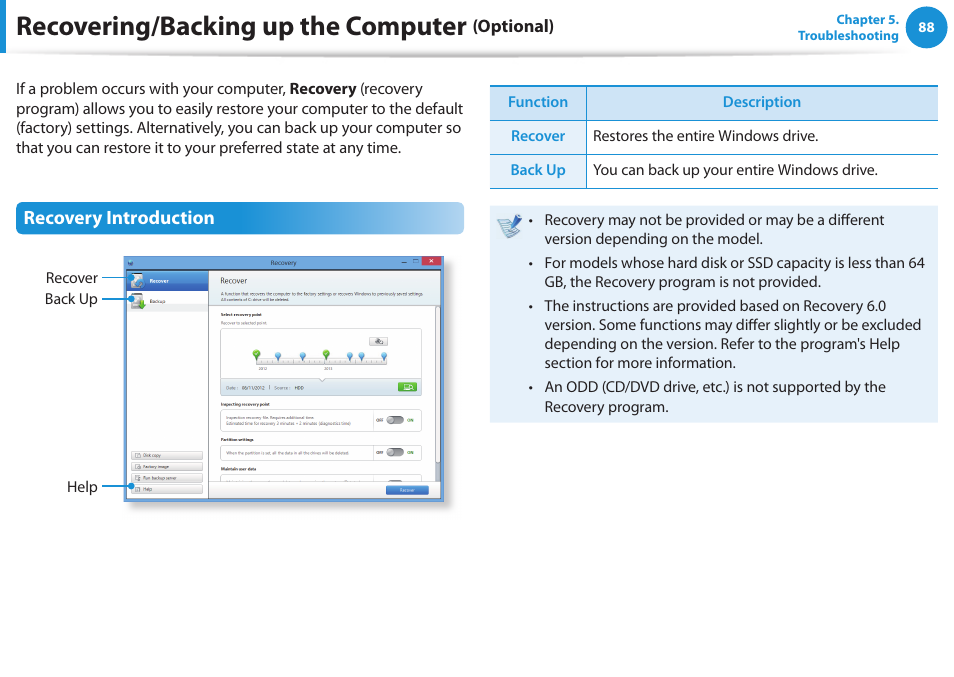 Recovering/backing up the computer (optional), Recovering/backing up the computer (optional) 88, Recovering/backing up the computer | Samsung NP300E4A-B01JM User Manual | Page 89 / 133