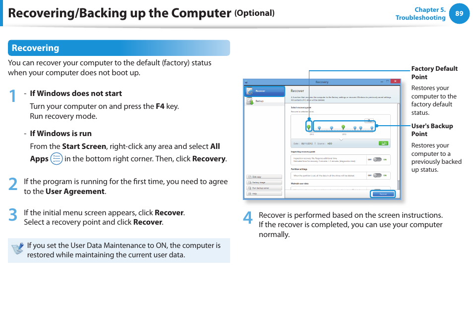 Recovering/backing up the computer | Samsung NP300E4A-B01JM User Manual | Page 90 / 133