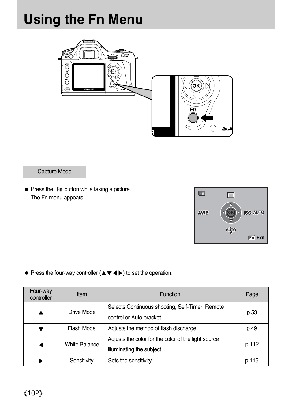 Using the fn menu, Ŝ102ş | Samsung ER-GX1LZBAA User Manual | Page 103 / 214