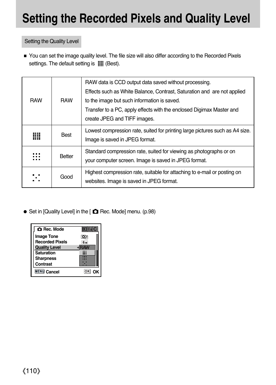 Setting the recorded pixels and quality level, Ŝ110ş | Samsung ER-GX1LZBAA User Manual | Page 111 / 214