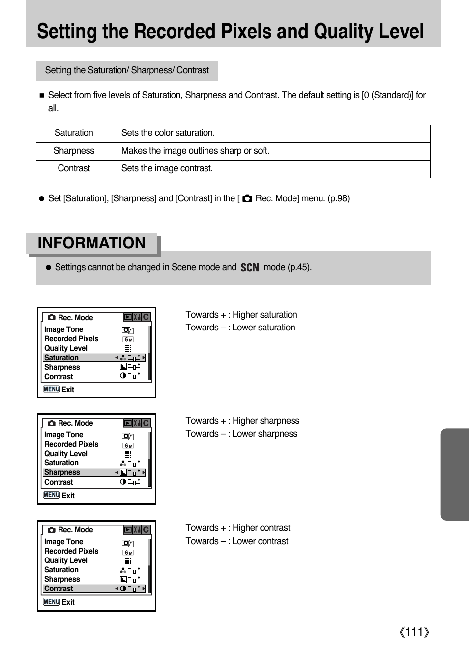 Setting the recorded pixels and quality level, Information, Ŝ111ş | Samsung ER-GX1LZBAA User Manual | Page 112 / 214