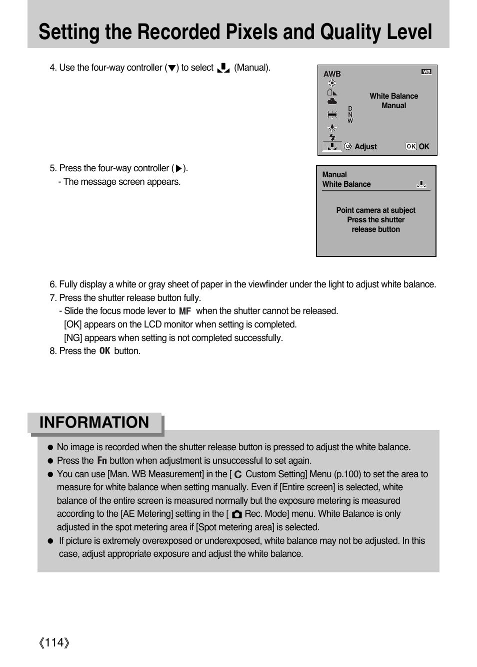 Setting the recorded pixels and quality level, Information, Ŝ114ş | Samsung ER-GX1LZBAA User Manual | Page 115 / 214