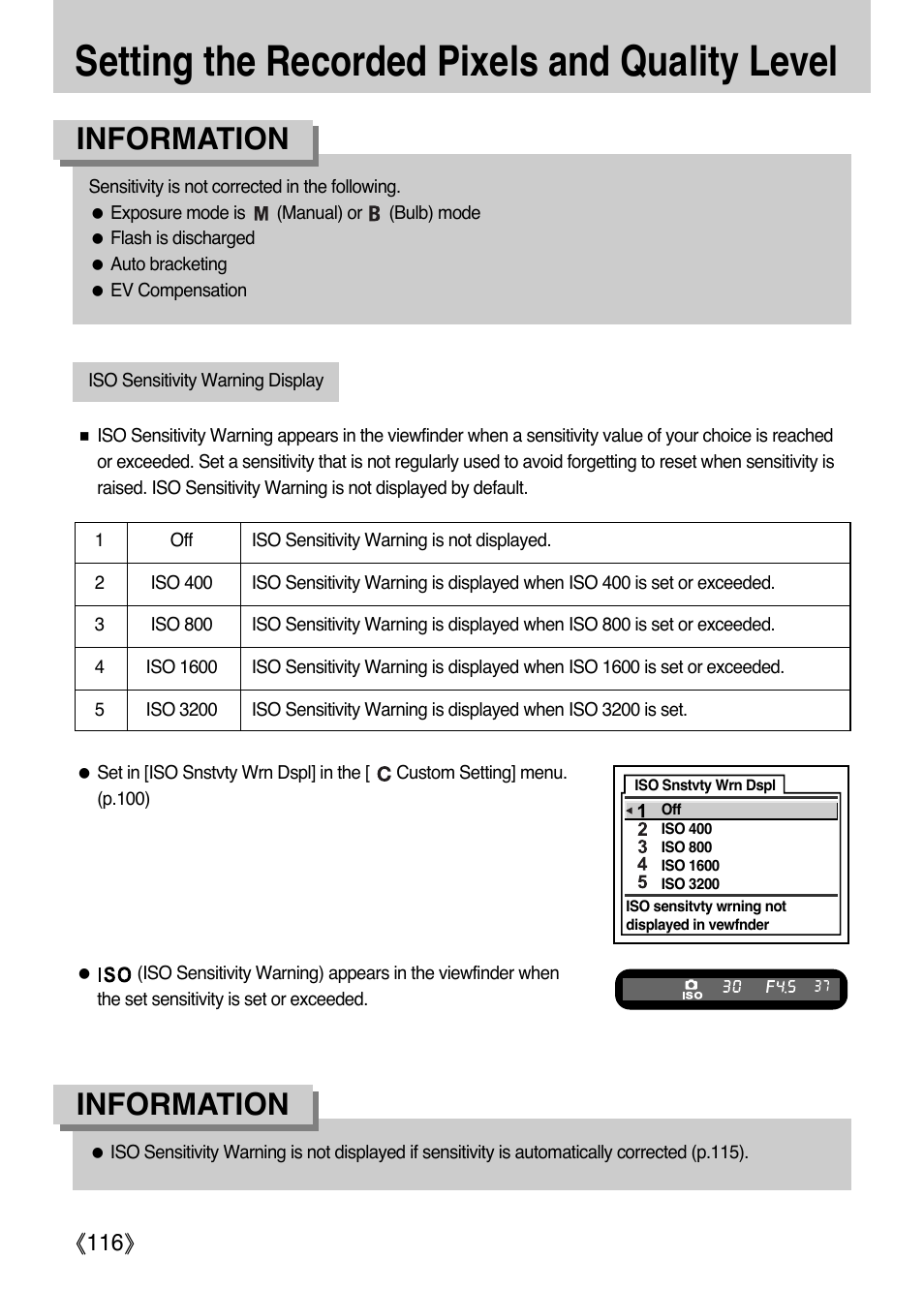 Setting the recorded pixels and quality level, Information, Ŝ116ş | Samsung ER-GX1LZBAA User Manual | Page 117 / 214