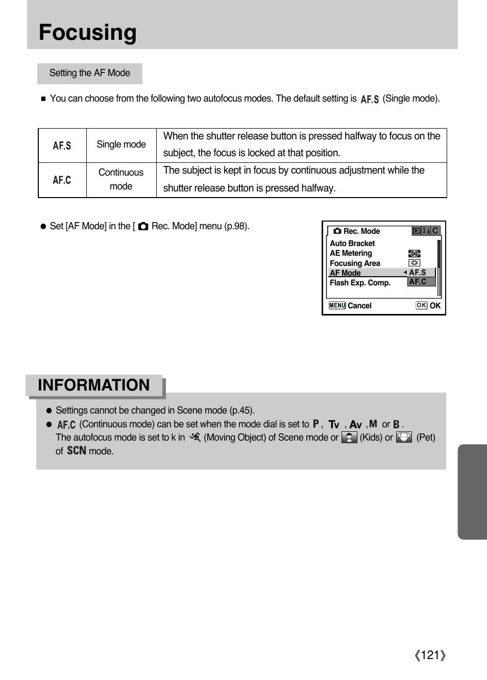 Focusing, Information, Ŝ121ş | Samsung ER-GX1LZBAA User Manual | Page 122 / 214