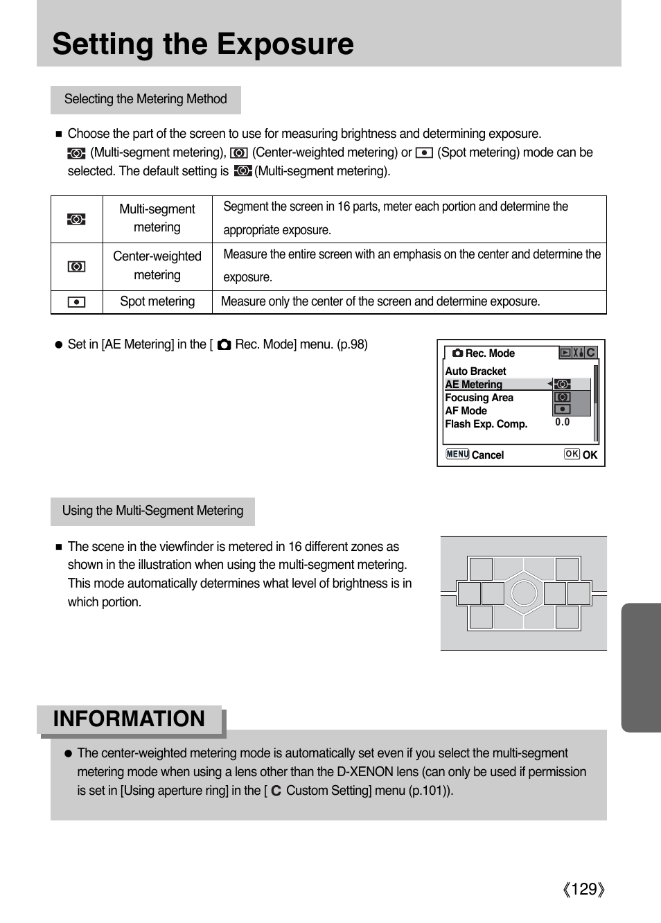 Setting the exposure, Information, Ŝ129ş | Samsung ER-GX1LZBAA User Manual | Page 130 / 214