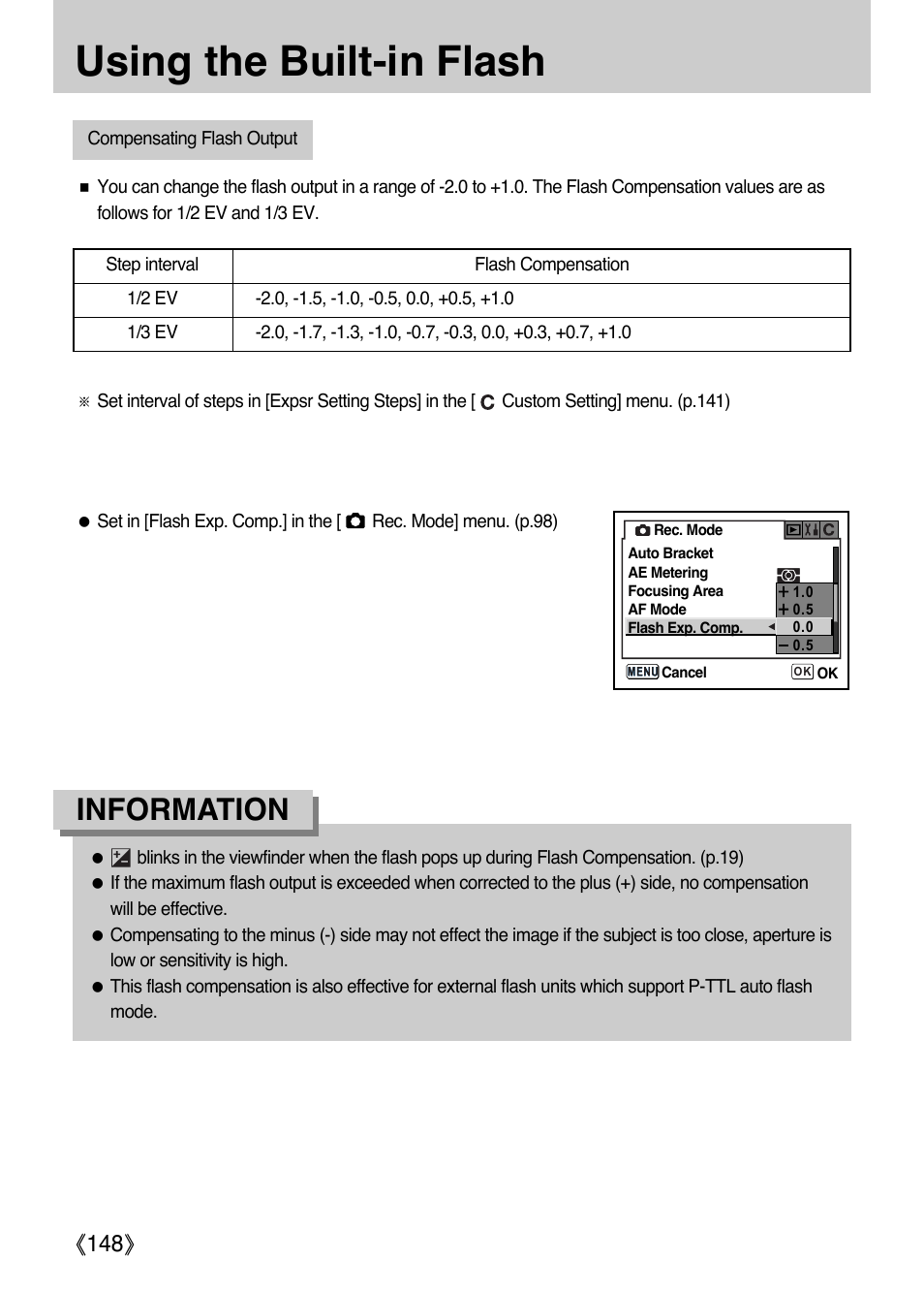 Using the built-in flash, Information, Ŝ148ş | Samsung ER-GX1LZBAA User Manual | Page 149 / 214