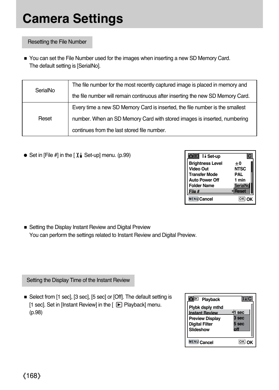 Camera settings, Ŝ168ş | Samsung ER-GX1LZBAA User Manual | Page 169 / 214