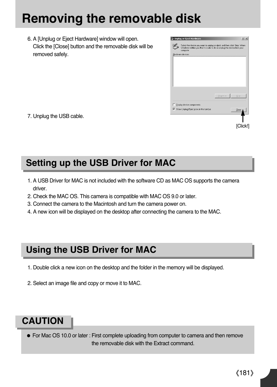 Removing the removable disk, Setting up the usb driver for mac, Using the usb driver for mac | Caution | Samsung ER-GX1LZBAA User Manual | Page 182 / 214