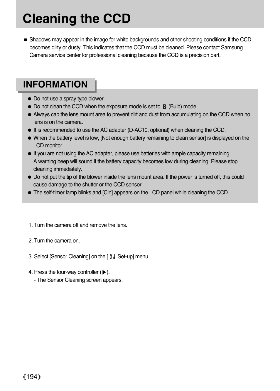 Cleaning the ccd, Information | Samsung ER-GX1LZBAA User Manual | Page 195 / 214