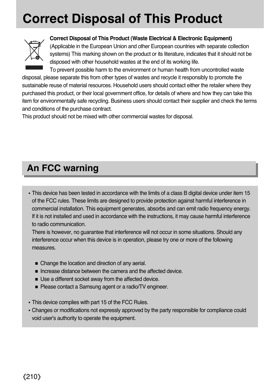 Correct disposal of this product, An fcc warning | Samsung ER-GX1LZBAA User Manual | Page 211 / 214