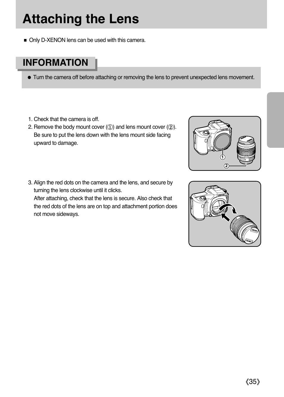 Attaching the lens, Information | Samsung ER-GX1LZBAA User Manual | Page 36 / 214