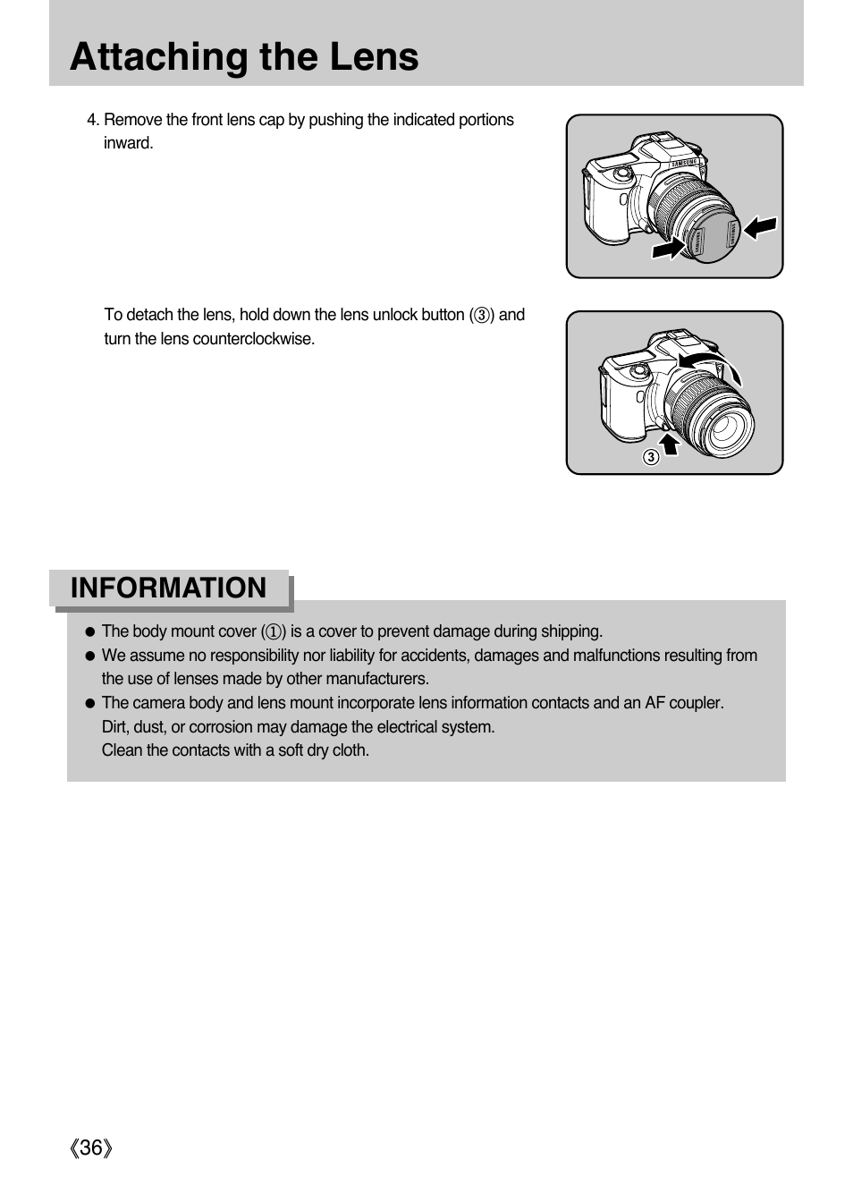 Attaching the lens, Information | Samsung ER-GX1LZBAA User Manual | Page 37 / 214