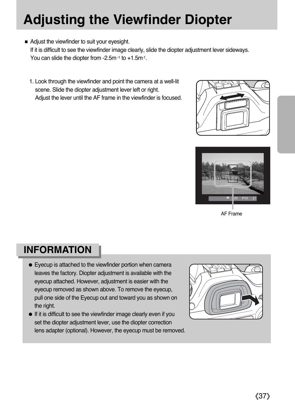 Adjusting the viewfinder diopter, Information, Ŝ37ş | Samsung ER-GX1LZBAA User Manual | Page 38 / 214