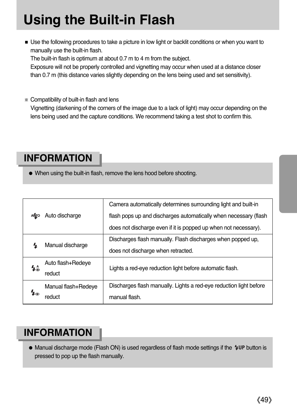 Using the built-in flash, Information | Samsung ER-GX1LZBAA User Manual | Page 50 / 214