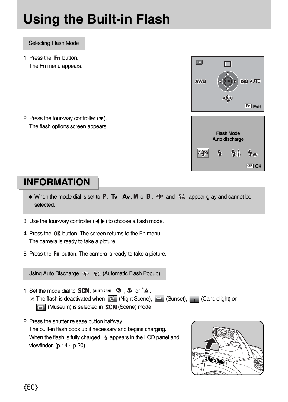 Using the built-in flash, Information, Ŝ50ş | Samsung ER-GX1LZBAA User Manual | Page 51 / 214