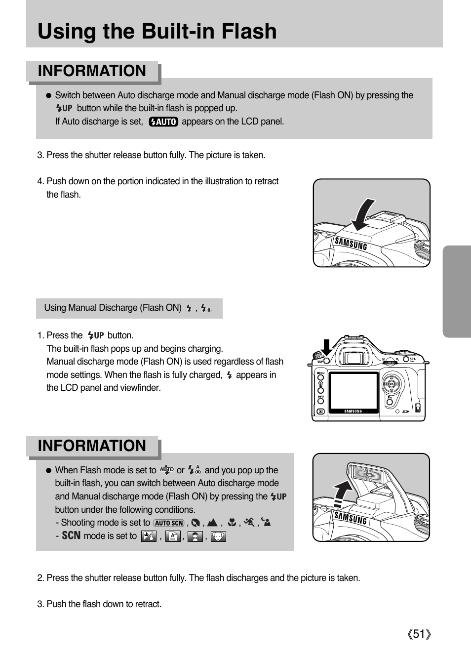 Using the built-in flash, Information | Samsung ER-GX1LZBAA User Manual | Page 52 / 214