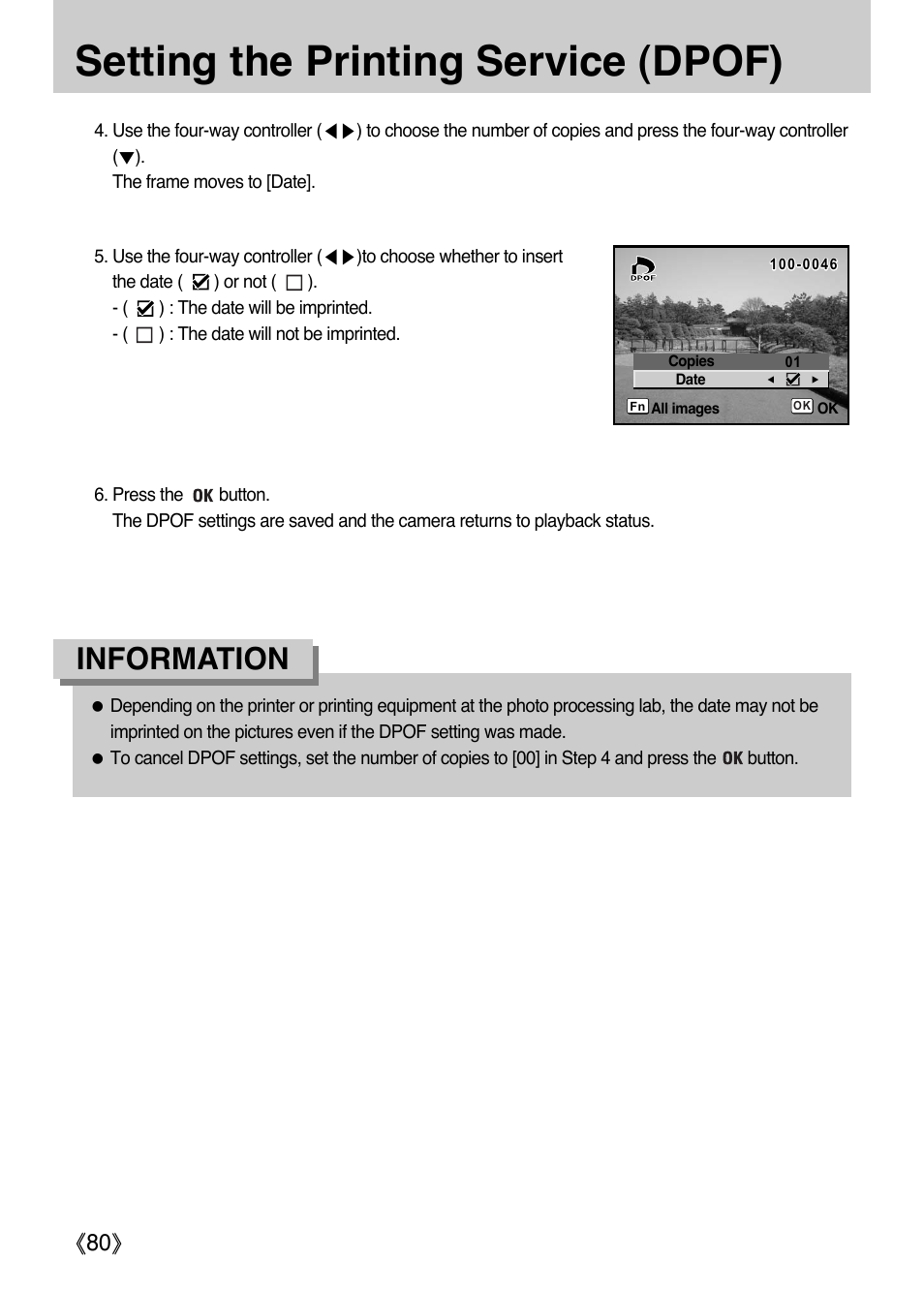 Setting the printing service (dpof), Information, Ŝ80ş | Samsung ER-GX1LZBAA User Manual | Page 81 / 214