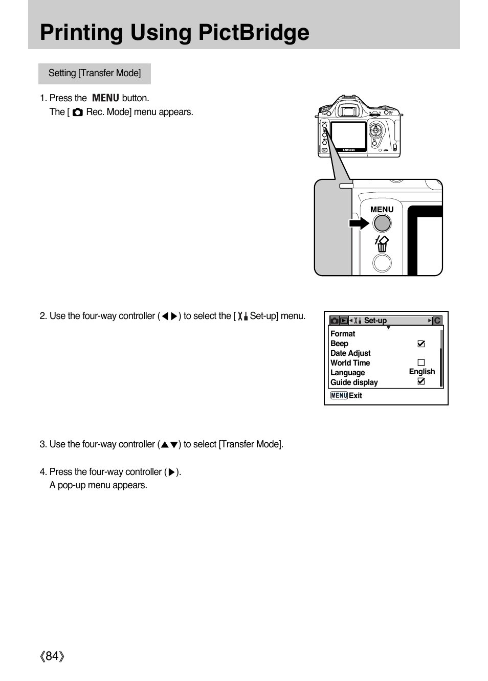 Printing using pictbridge, Ŝ84ş | Samsung ER-GX1LZBAA User Manual | Page 85 / 214