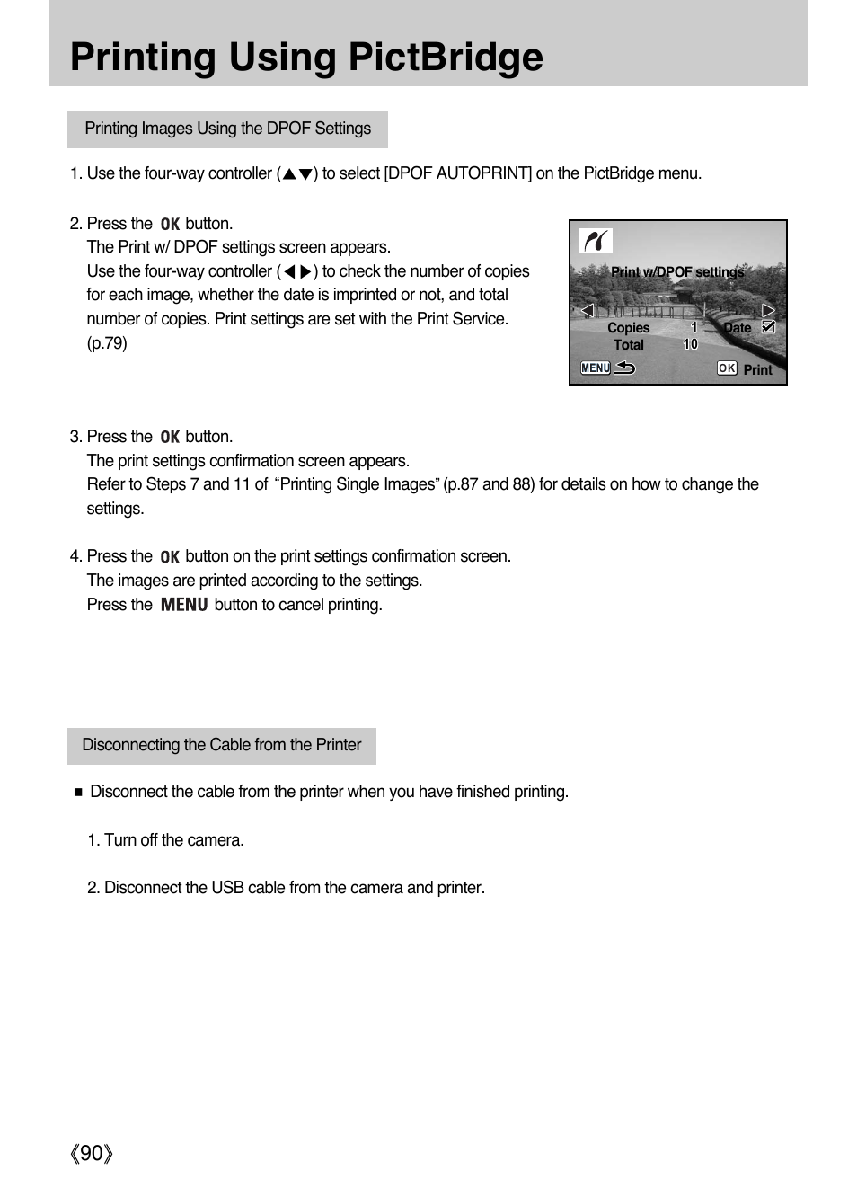 Printing using pictbridge, Ŝ90ş | Samsung ER-GX1LZBAA User Manual | Page 91 / 214