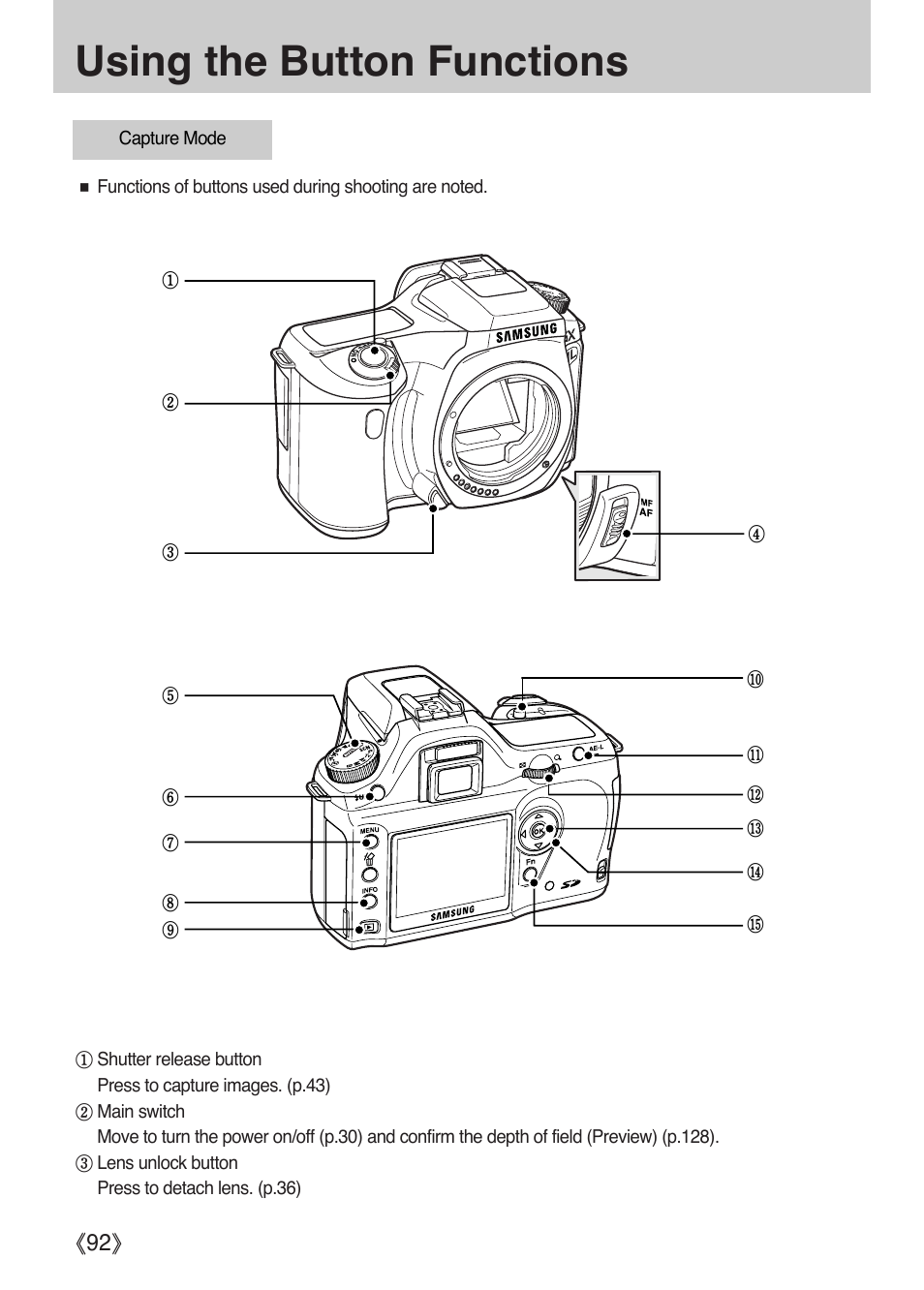 Using the button functions, Ŝ92ş | Samsung ER-GX1LZBAA User Manual | Page 93 / 214