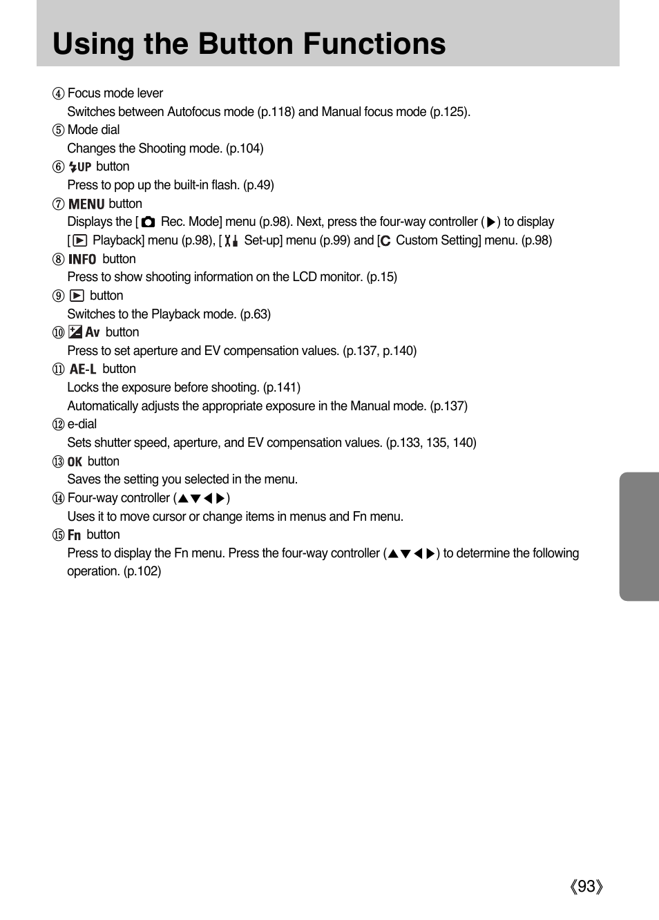 Using the button functions, Ŝ93ş | Samsung ER-GX1LZBAA User Manual | Page 94 / 214