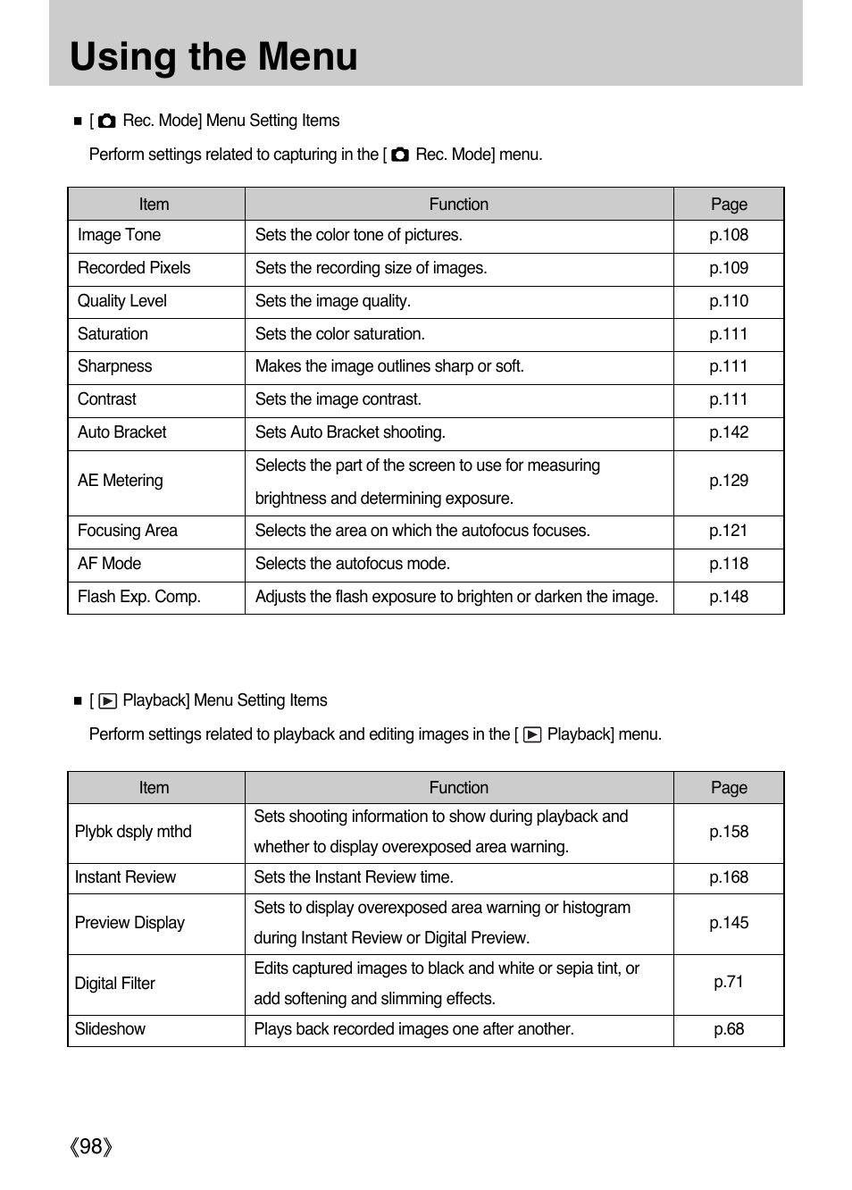 Using the menu, Ŝ98ş | Samsung ER-GX1LZBAA User Manual | Page 99 / 214