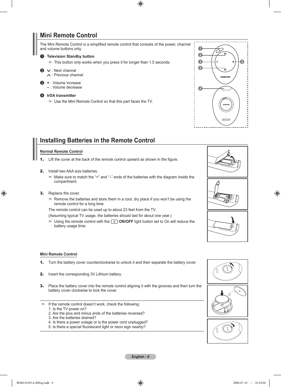 Mini remote control, Installing batteries in the remote control | Samsung LN52A860S2FXZA User Manual | Page 10 / 155