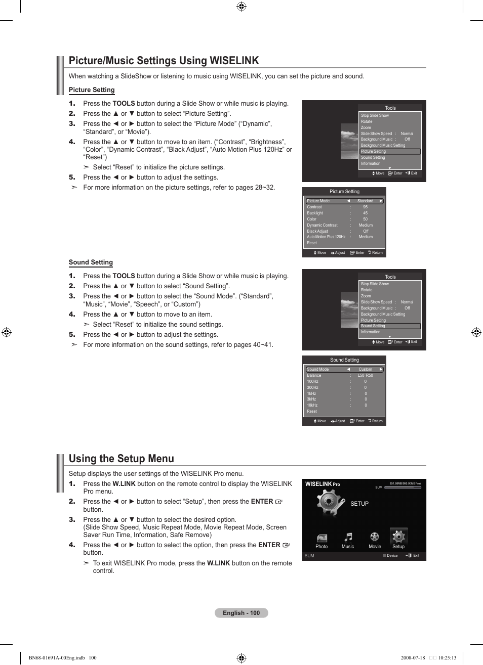 Picture/music settings using wiselink, Using the setup menu | Samsung LN52A860S2FXZA User Manual | Page 102 / 155