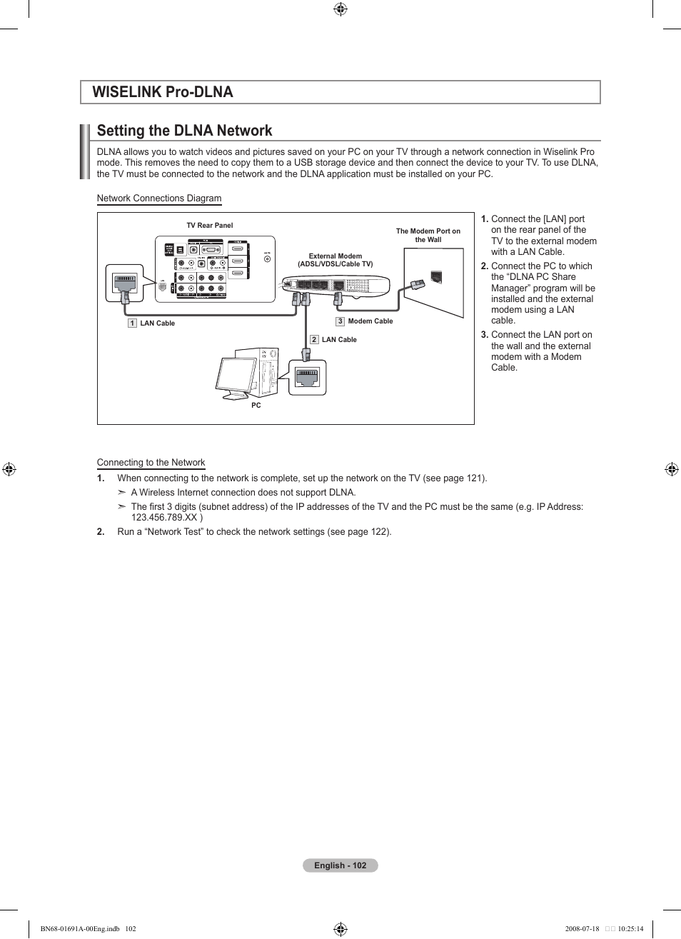 Wiselink pro-dlna, Setting the dlna network | Samsung LN52A860S2FXZA User Manual | Page 104 / 155