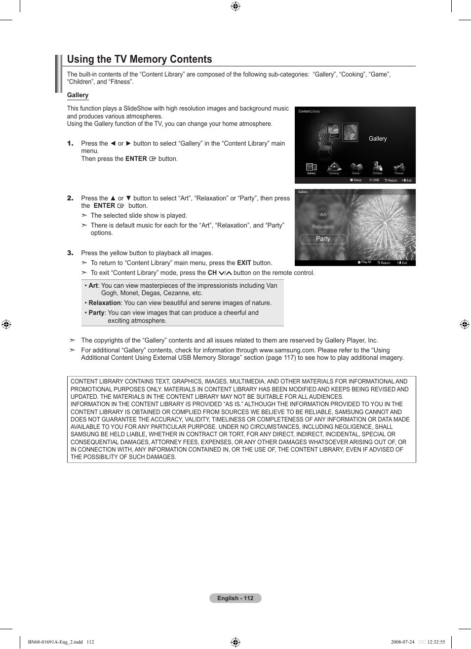 Using the tv memory contents | Samsung LN52A860S2FXZA User Manual | Page 114 / 155