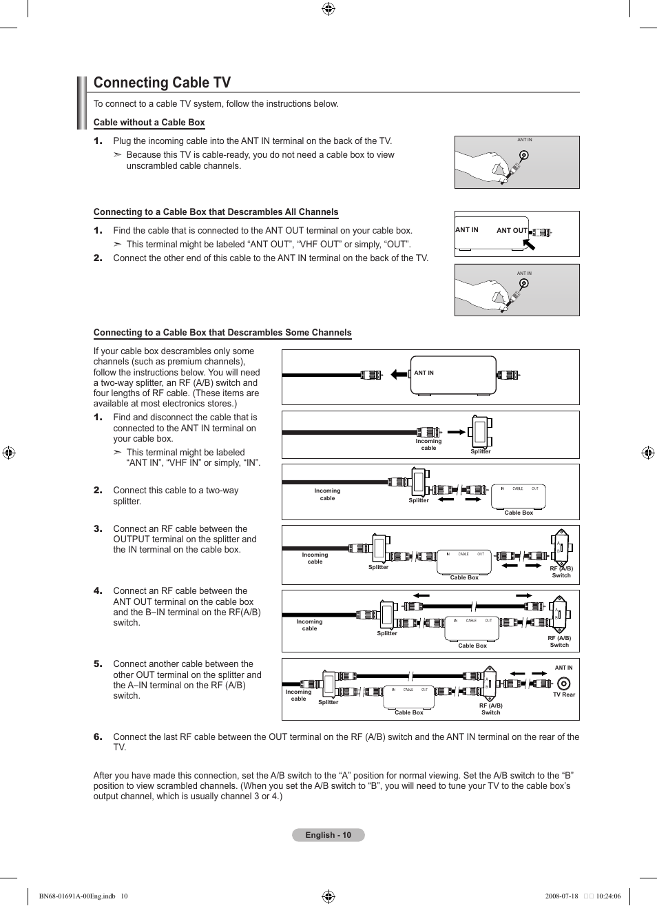 Connecting cable tv | Samsung LN52A860S2FXZA User Manual | Page 12 / 155
