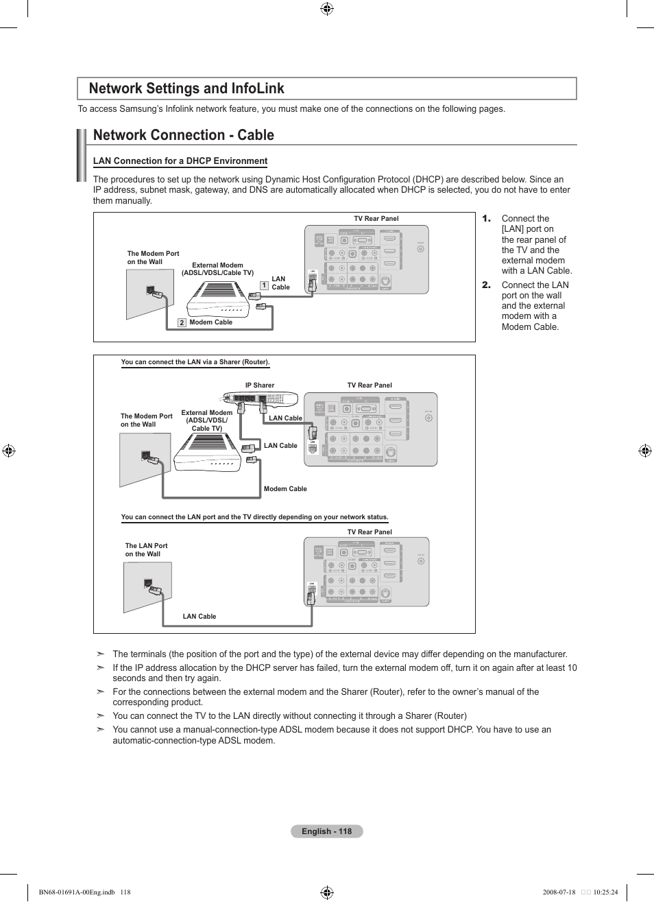 Network settings and infolink, Network connection - cable | Samsung LN52A860S2FXZA User Manual | Page 120 / 155