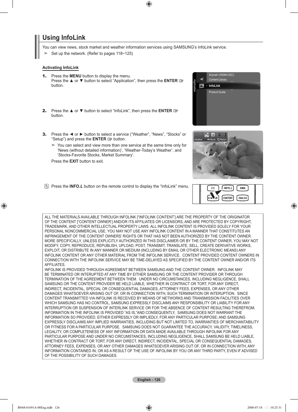 Using infolink | Samsung LN52A860S2FXZA User Manual | Page 128 / 155