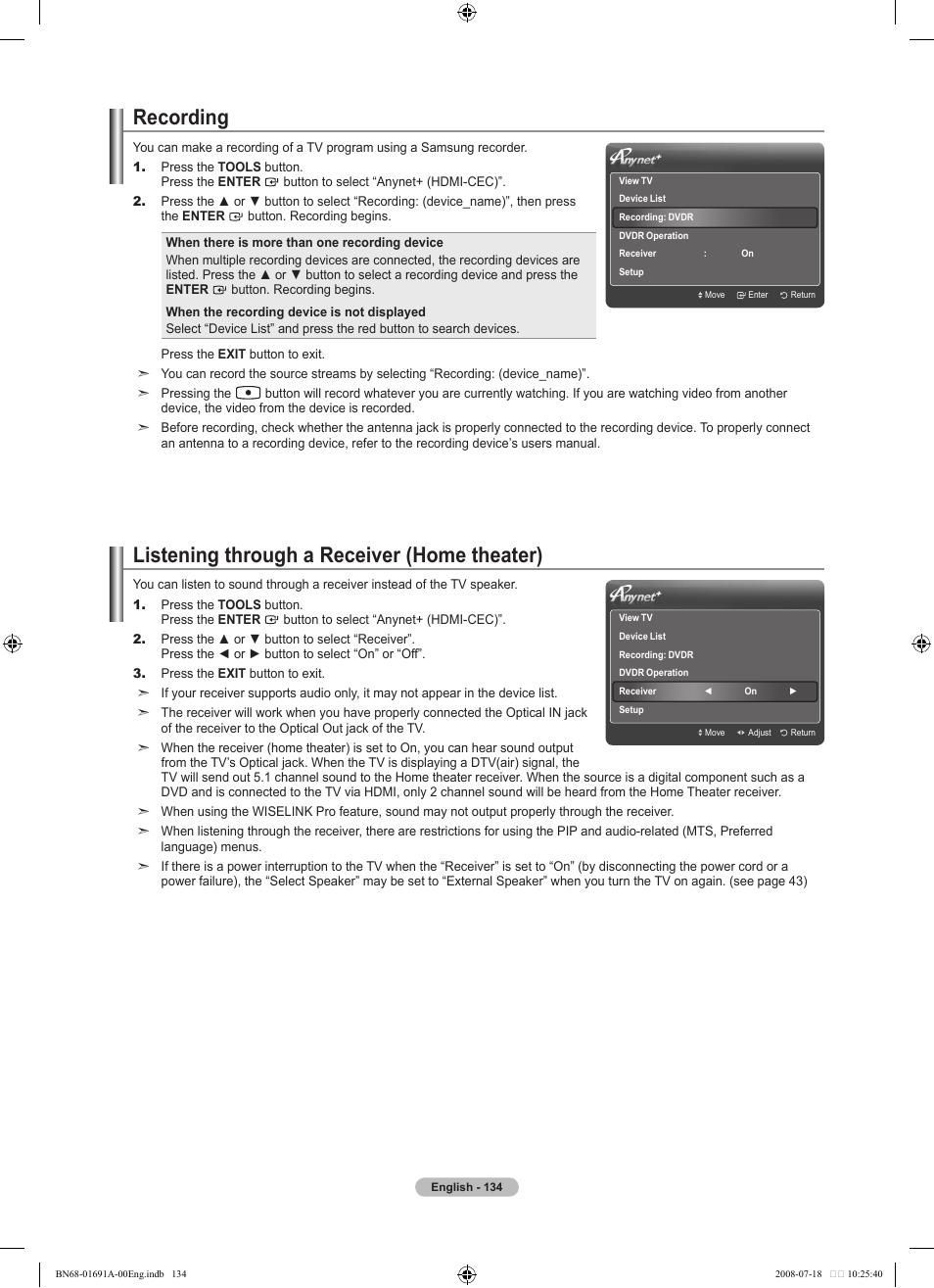 Recording, Listening through a receiver (home theater) | Samsung LN52A860S2FXZA User Manual | Page 136 / 155