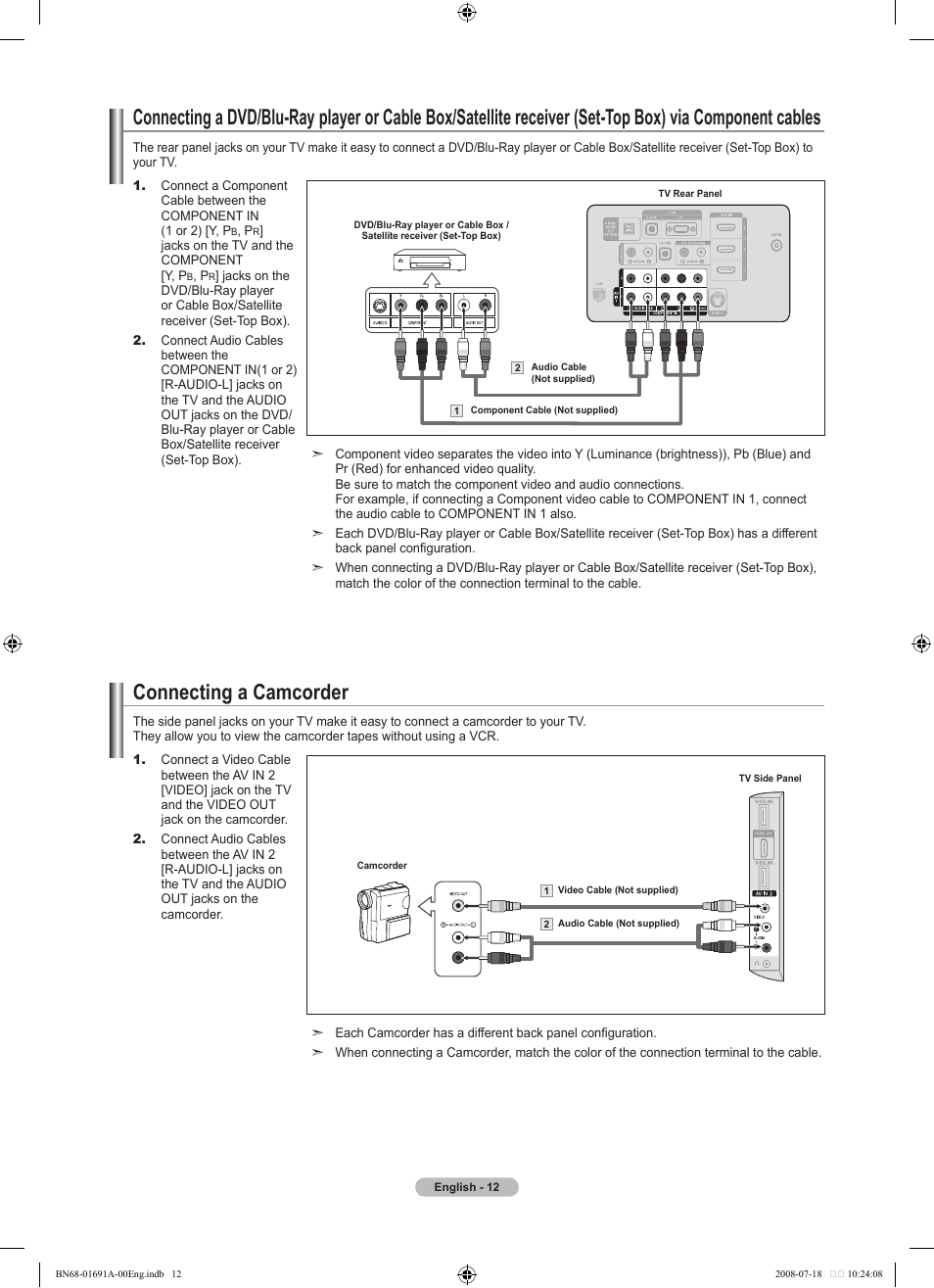 Connecting a camcorder | Samsung LN52A860S2FXZA User Manual | Page 14 / 155