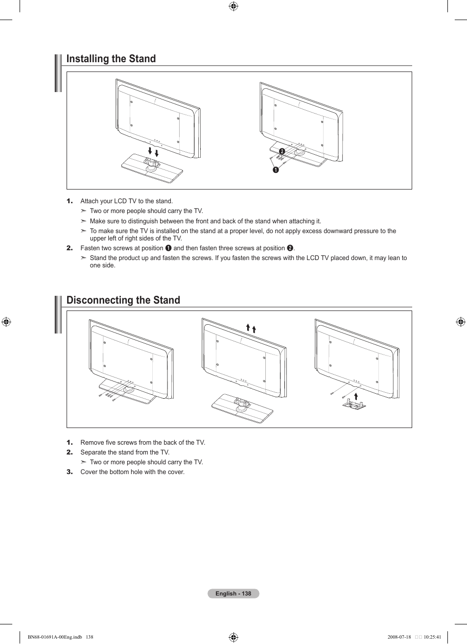 Installing the stand, Disconnecting the stand | Samsung LN52A860S2FXZA User Manual | Page 140 / 155