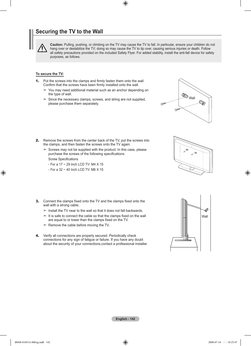 Securing the tv to the wall, 경고 주의 경고 주의 | Samsung LN52A860S2FXZA User Manual | Page 144 / 155