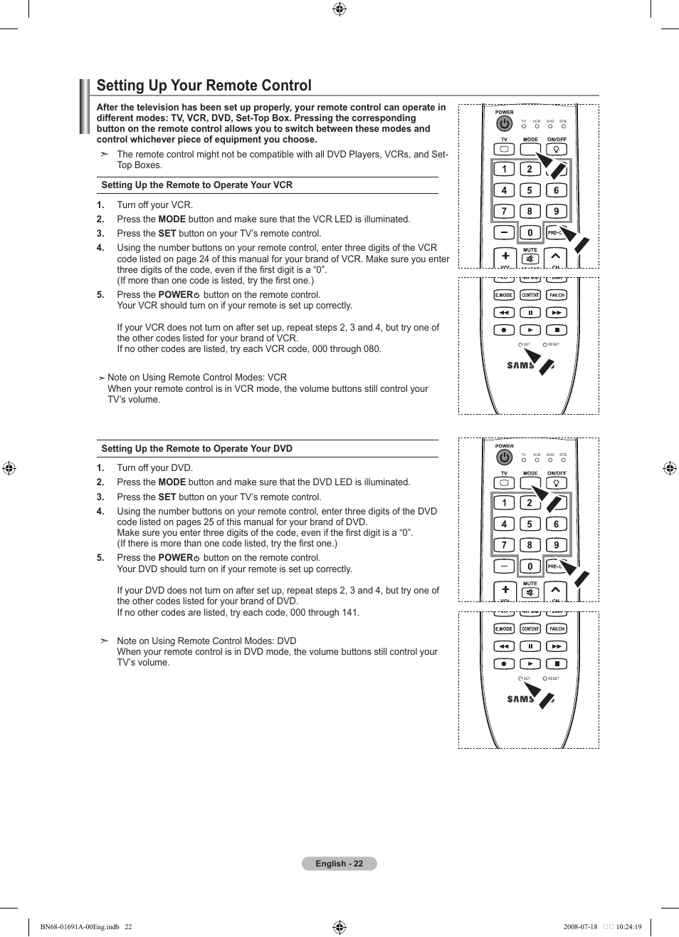 Setting up your remote control | Samsung LN52A860S2FXZA User Manual | Page 24 / 155