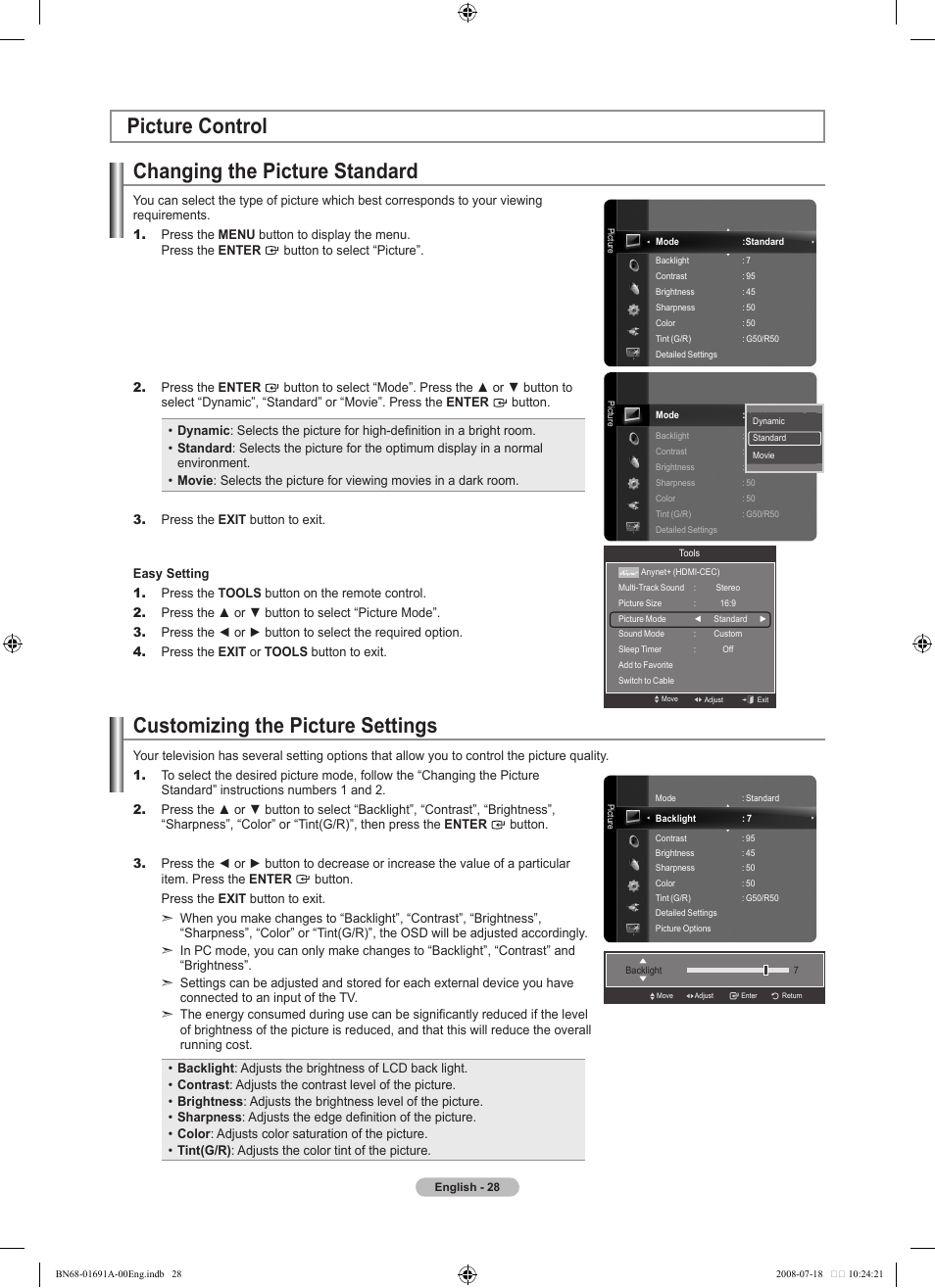 Picture control, Changing the picture standard, Customizing the picture settings | Picture control changing the picture standard | Samsung LN52A860S2FXZA User Manual | Page 30 / 155