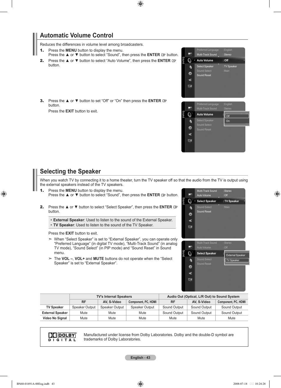 Automatic volume control, Selecting the speaker | Samsung LN52A860S2FXZA User Manual | Page 45 / 155