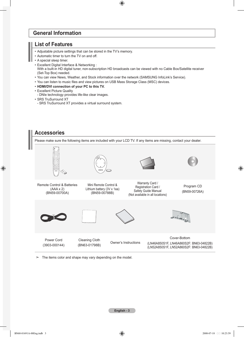 General information, List of features, Accessories | Samsung LN52A860S2FXZA User Manual | Page 5 / 155