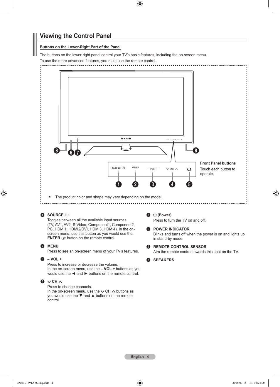 Viewing the control panel | Samsung LN52A860S2FXZA User Manual | Page 6 / 155