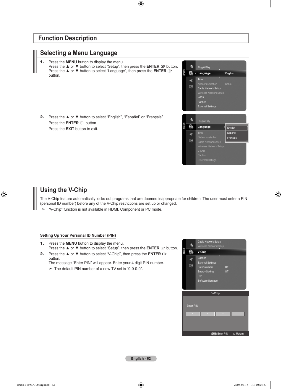 Function description, Selecting a menu language, Using the v-chip | Function description using the v-chip | Samsung LN52A860S2FXZA User Manual | Page 64 / 155