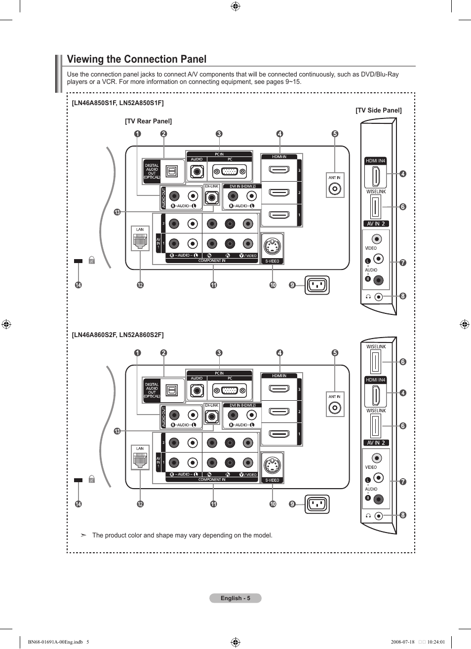 Viewing the connection panel | Samsung LN52A860S2FXZA User Manual | Page 7 / 155